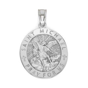 Solid 14k White Gold Oval Saint Michael Pendant - Protection Jewelry Gifts